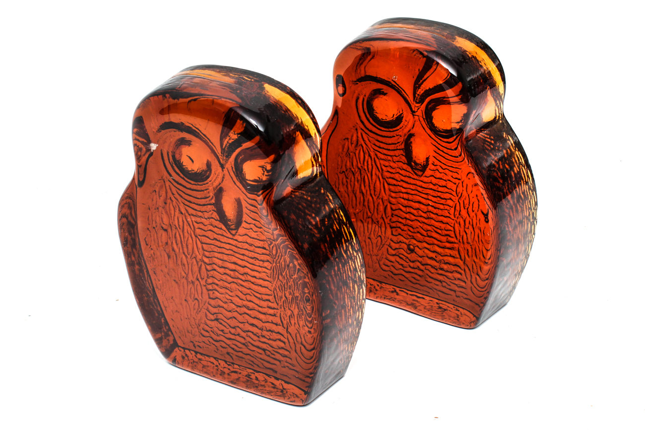 Pair of Amber Glass Owls by Joel Myers for Blenko