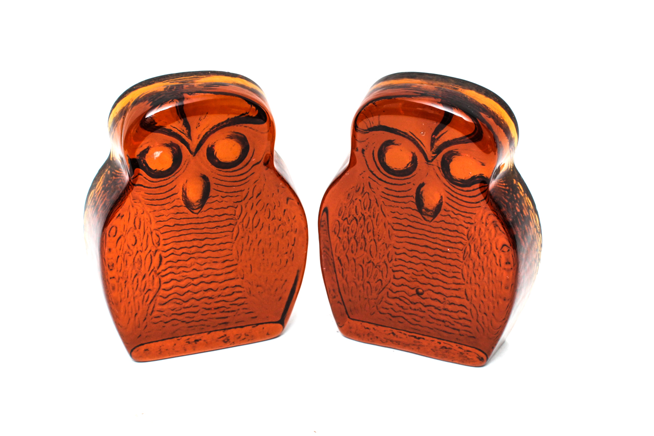 Pair of Amber Glass Owls by Joel Myers for Blenko