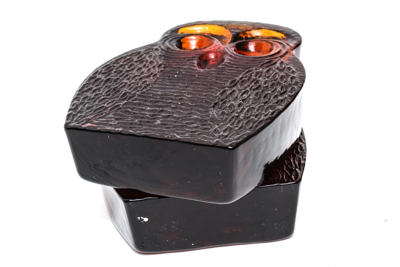 Pair of Amber Glass Owls by Joel Myers for Blenko