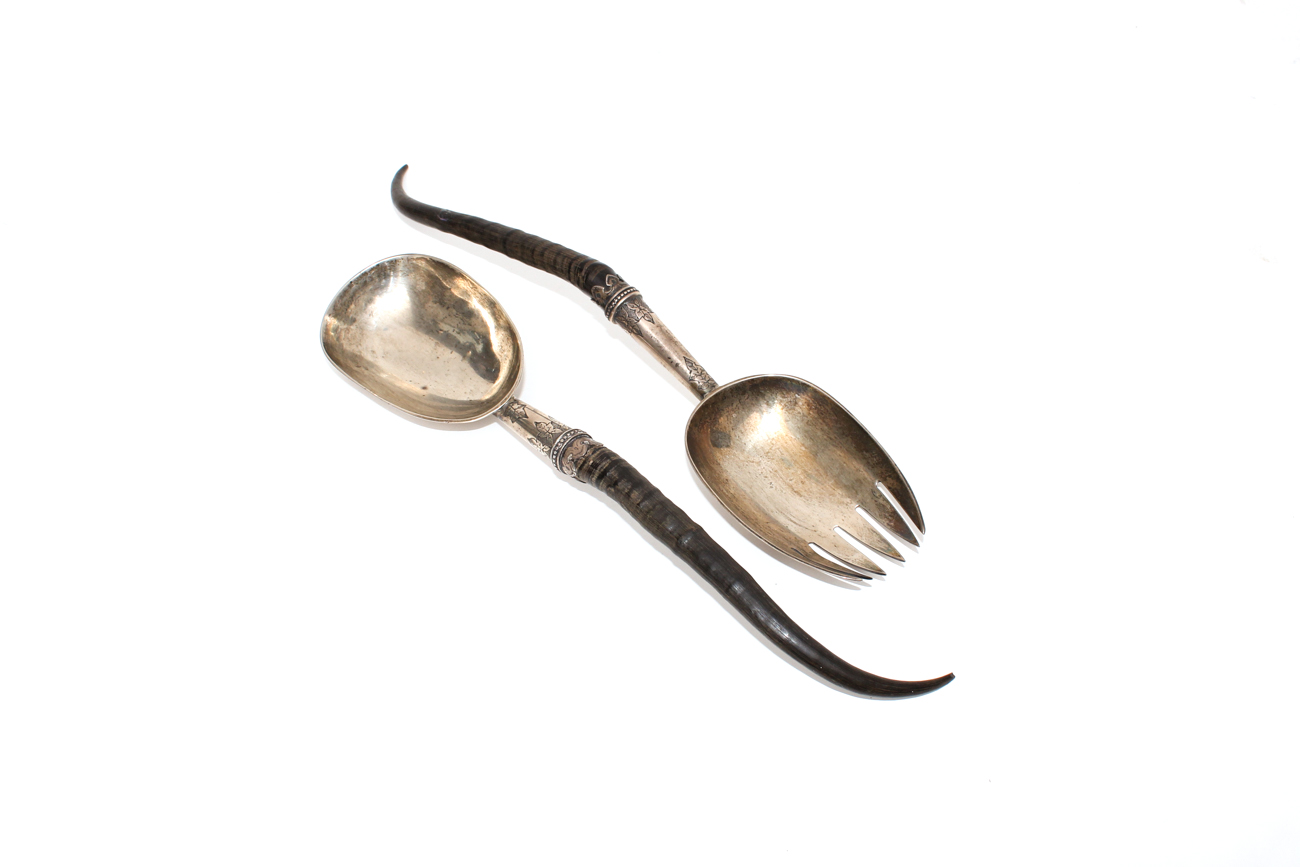 Victorian Sterling Silver Antelope Horn Handled Salad Serving Set