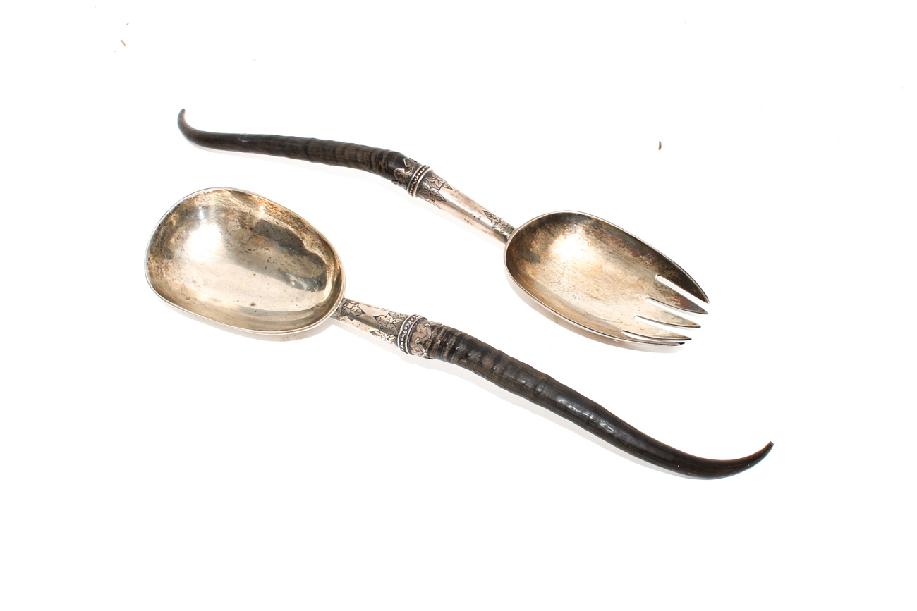 Victorian Sterling Silver Antelope Horn Handled Salad Serving Set