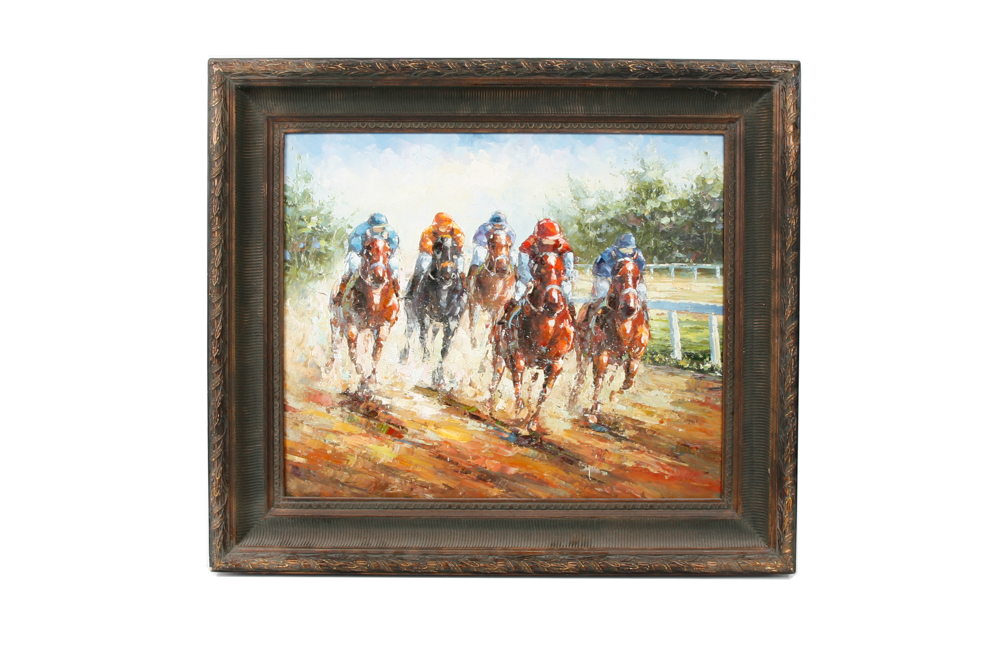Framed Original Horse Race Oil on Canvas