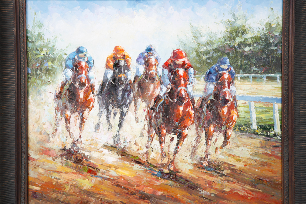 Framed Original Horse Race Oil on Canvas