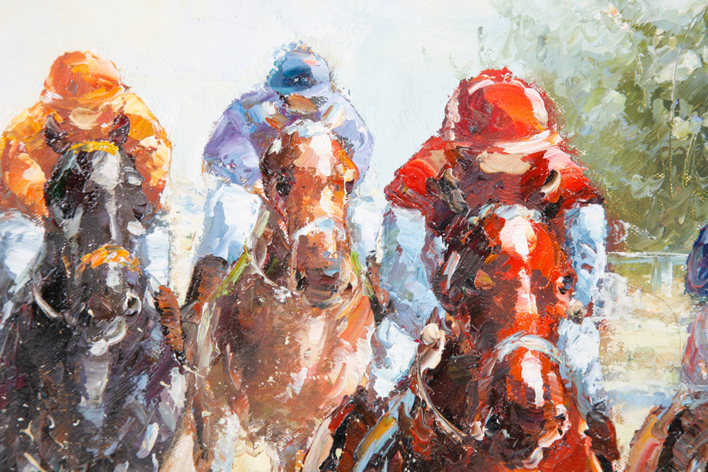 Framed Original Horse Race Oil on Canvas