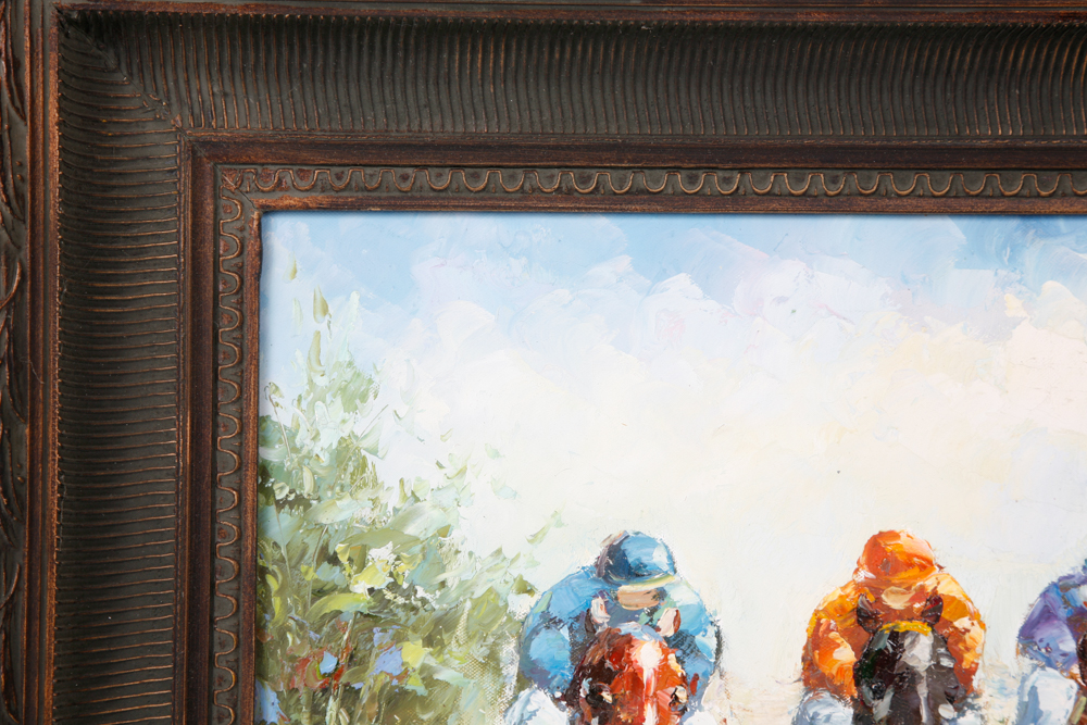 Framed Original Horse Race Oil on Canvas