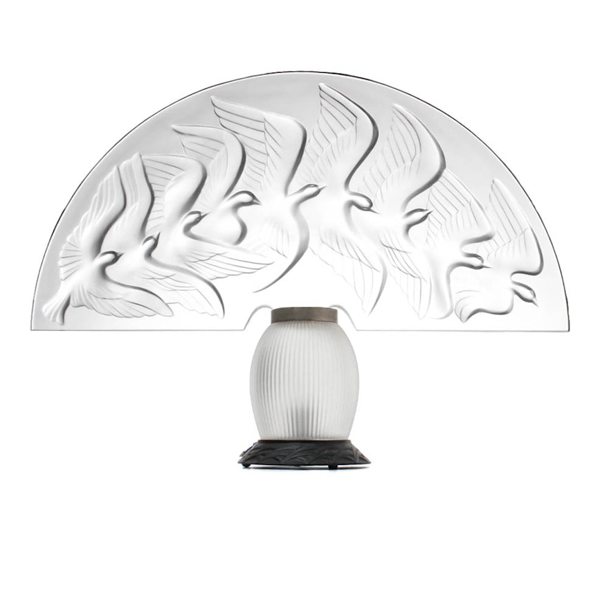 Lalique France Frosted Glass Dove Table Lamp