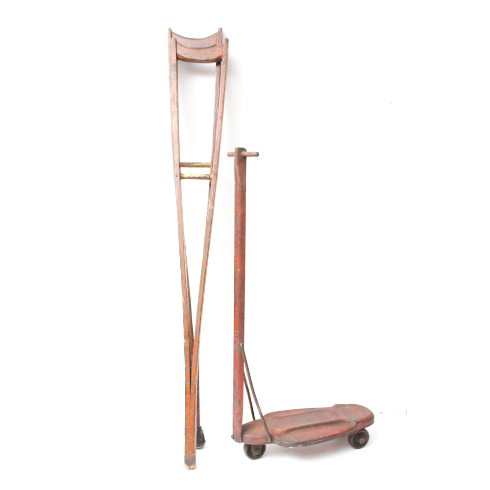 Vintage Metal Scooter and Wooden Crutches