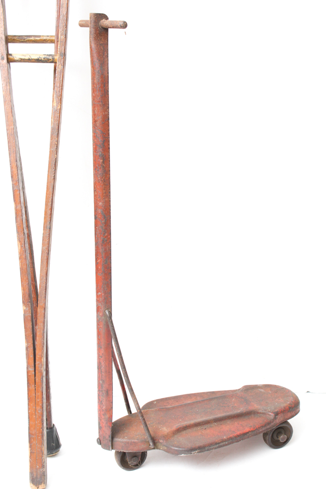 Vintage Metal Scooter and Wooden Crutches