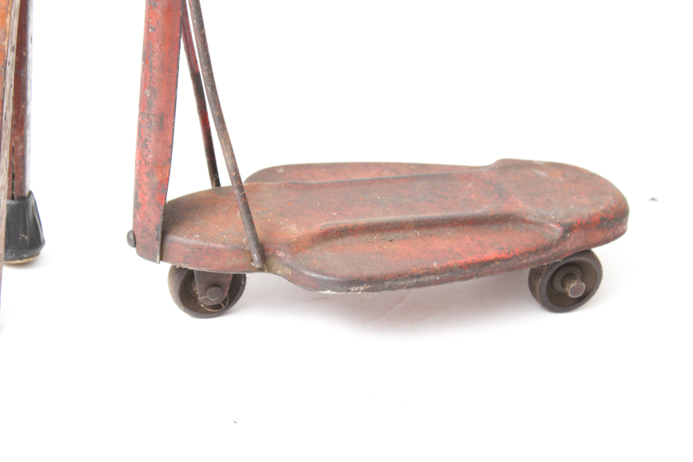 Vintage Metal Scooter and Wooden Crutches