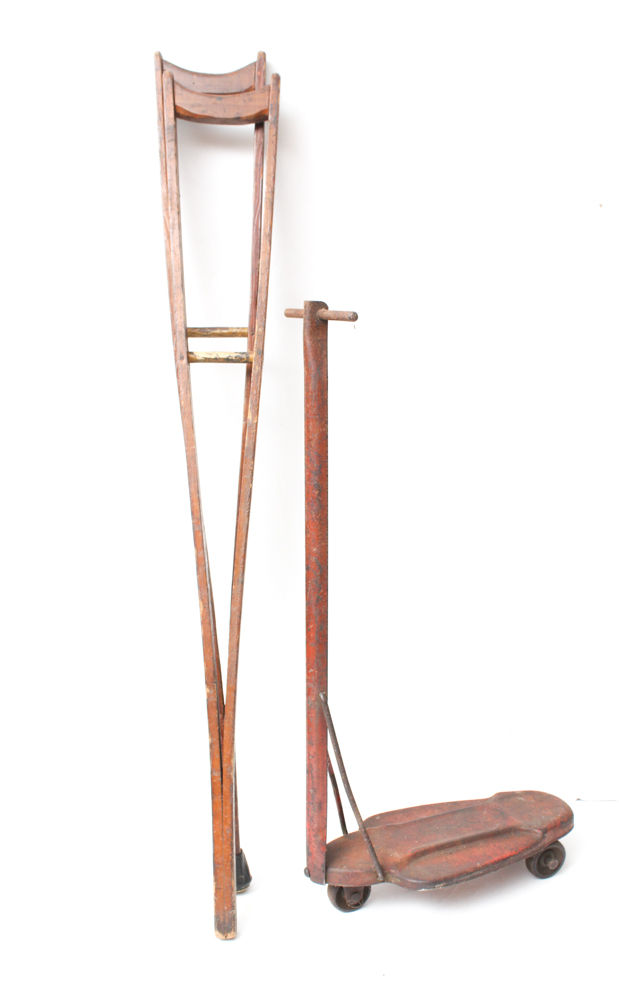 Vintage Metal Scooter and Wooden Crutches