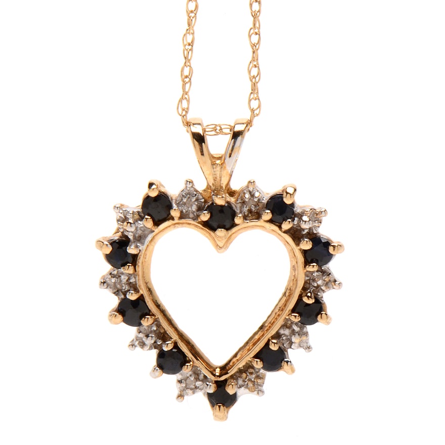 10K Yellow Gold Blue Sapphire and Diamond Heart Pendant Necklace