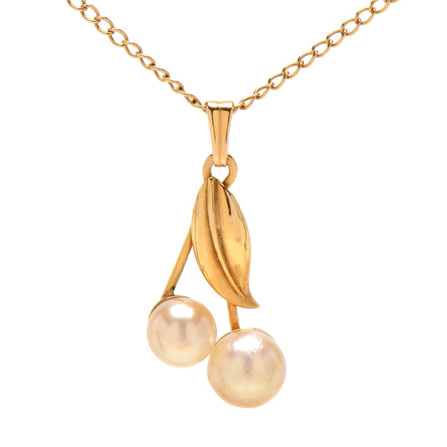 14K Yellow Gold Cultured Pearl Cherry Pendant Necklace