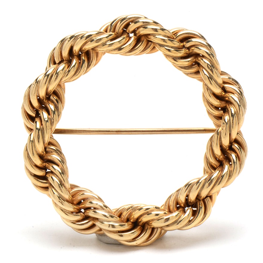 Vintage 14K Yellow Gold Twisted Rope Openwork Wreath Pin