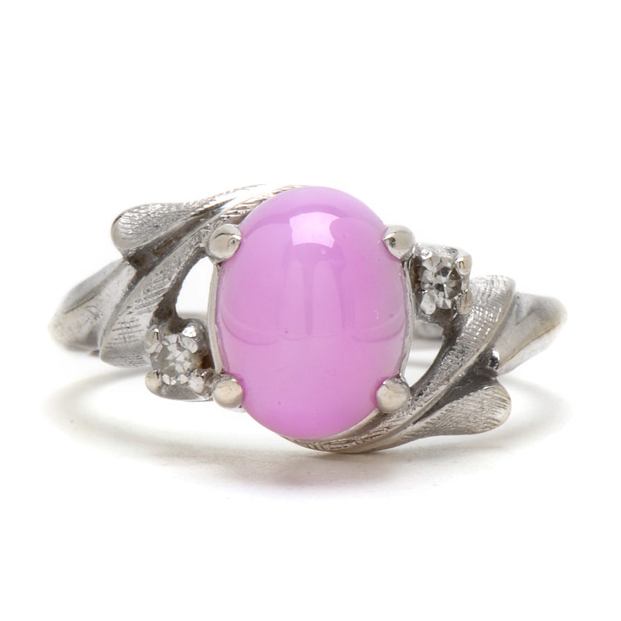14K White Gold Synthetic Pink Star Sapphire and Diamond Ring