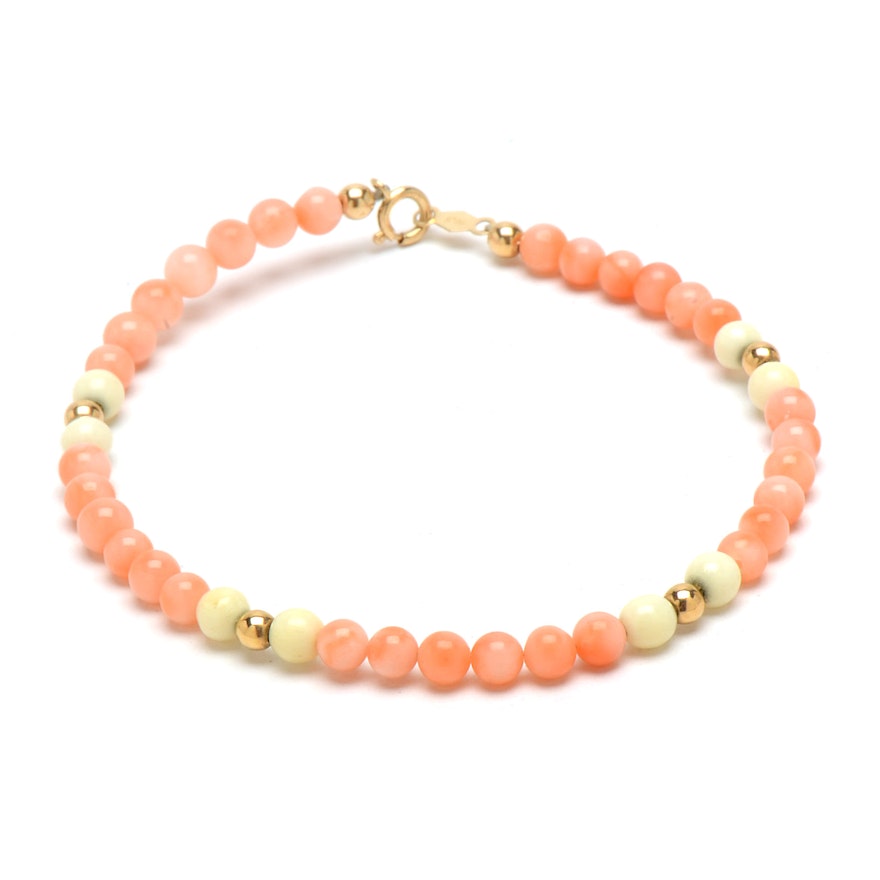 14K Yellow Gold Angel Skin and White Coral Beaded Bracelet