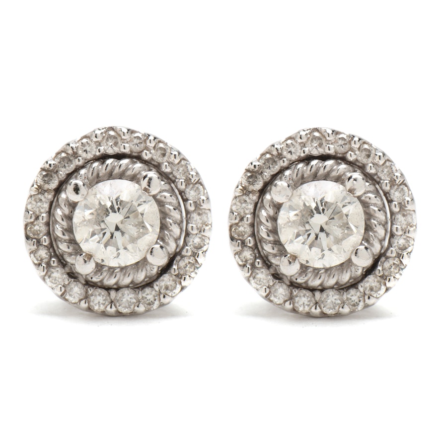 14K White Gold Diamond Halo Pierced Earrings