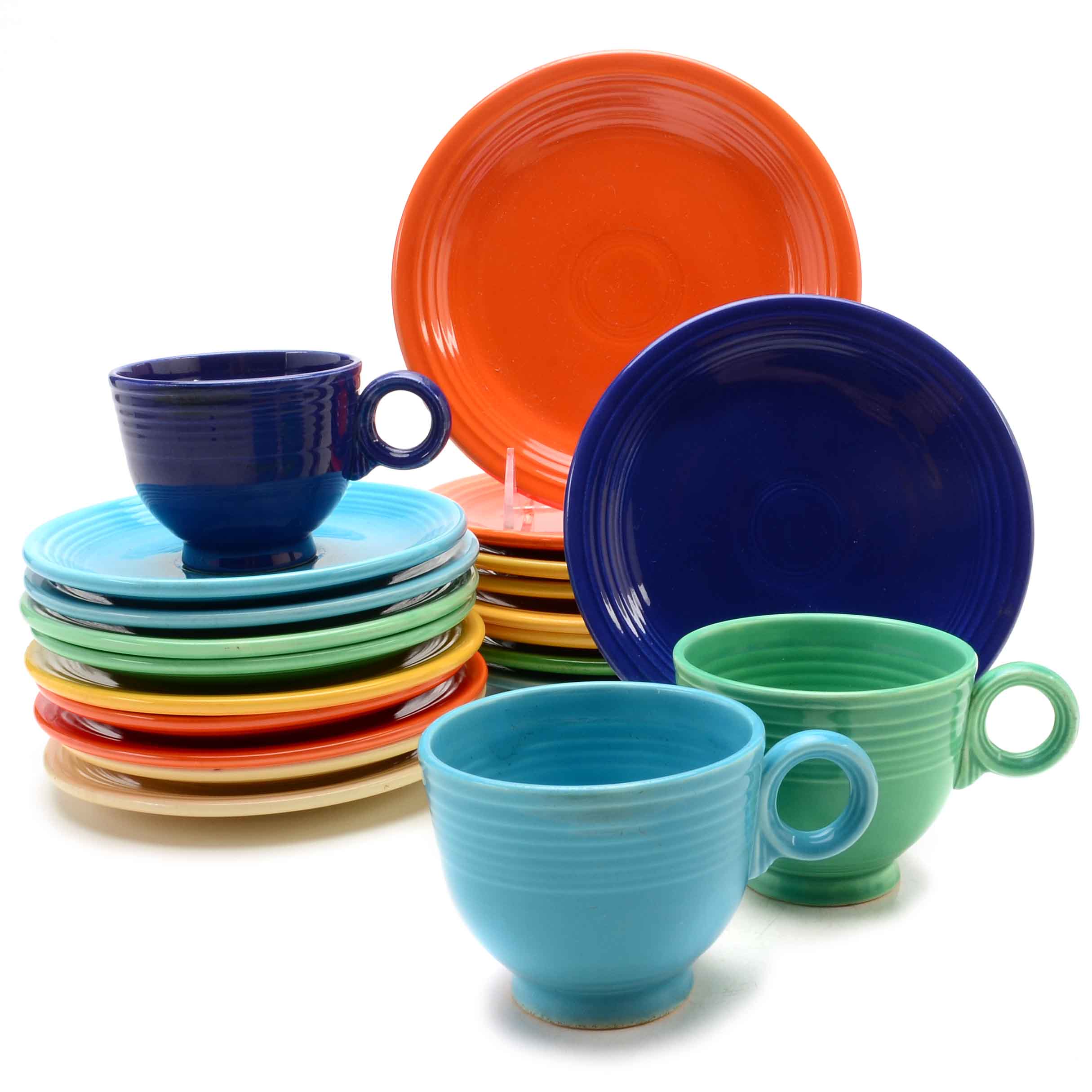Multicolored Fiesta Plates, Cups and Saucers
