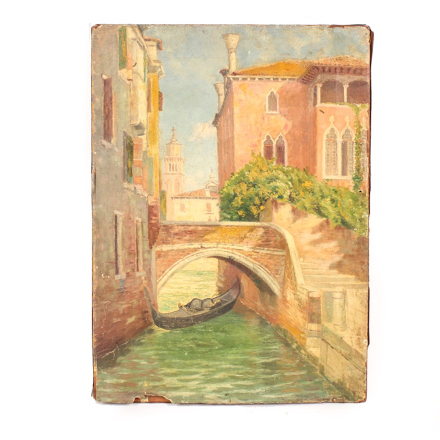 Antique Oil on Canvas Painting of a Venice Landscape