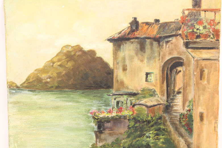 Oil on Canvas Painting of a Mediterranean Villa by the Water
