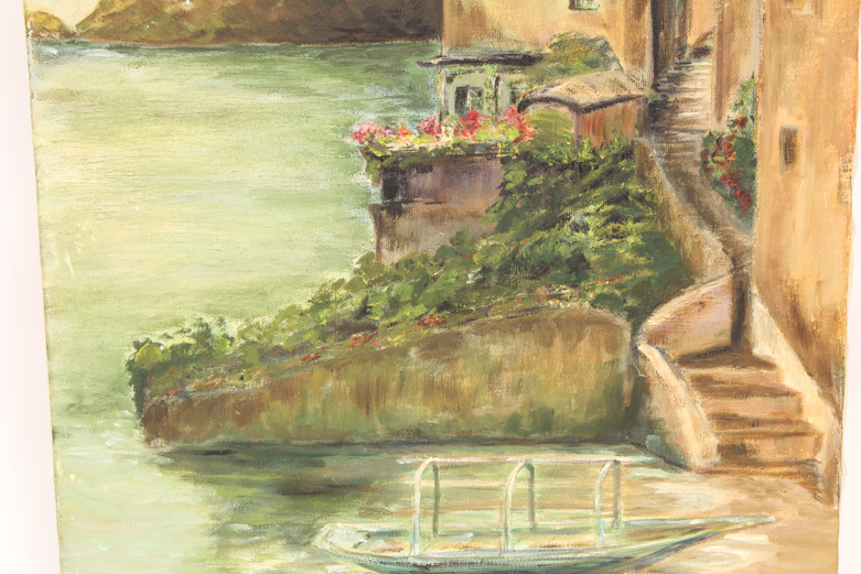 Oil on Canvas Painting of a Mediterranean Villa by the Water