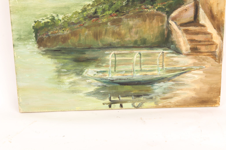 Oil on Canvas Painting of a Mediterranean Villa by the Water