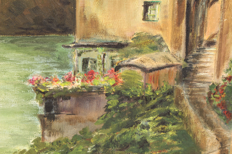 Oil on Canvas Painting of a Mediterranean Villa by the Water