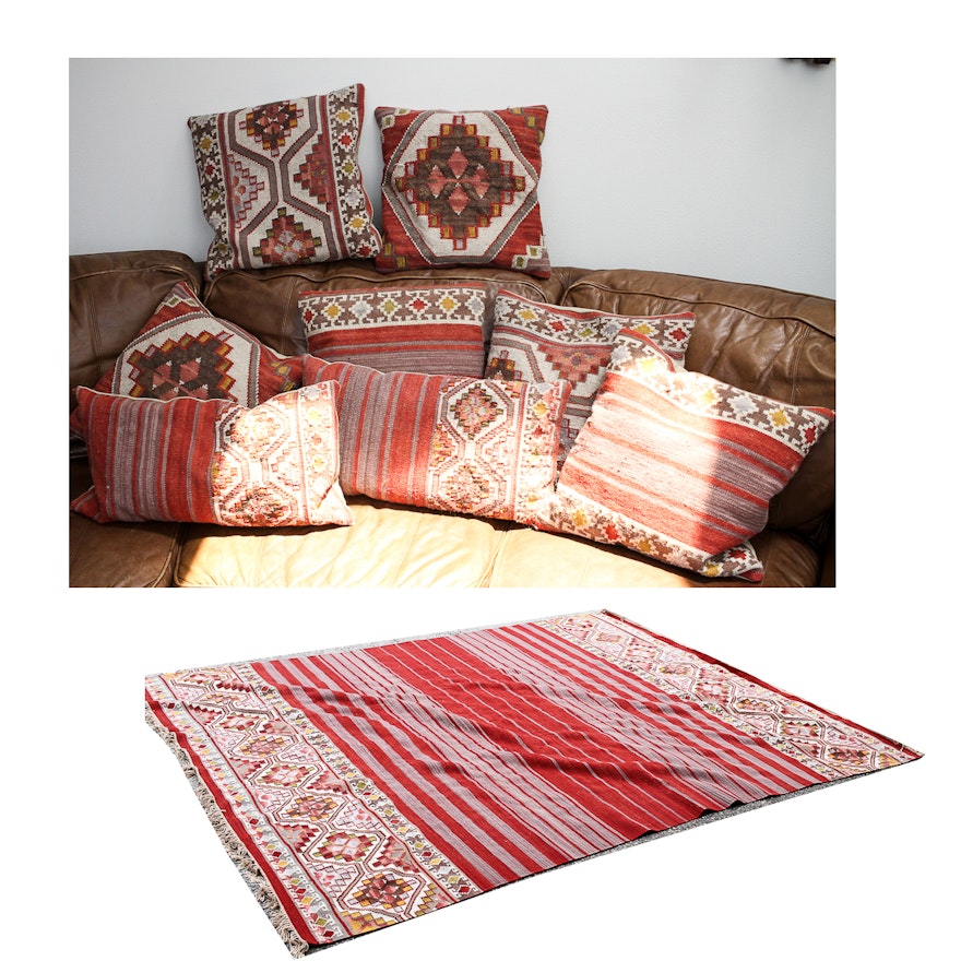 Southwest Themed Area Rug and Eight Throw Pillows