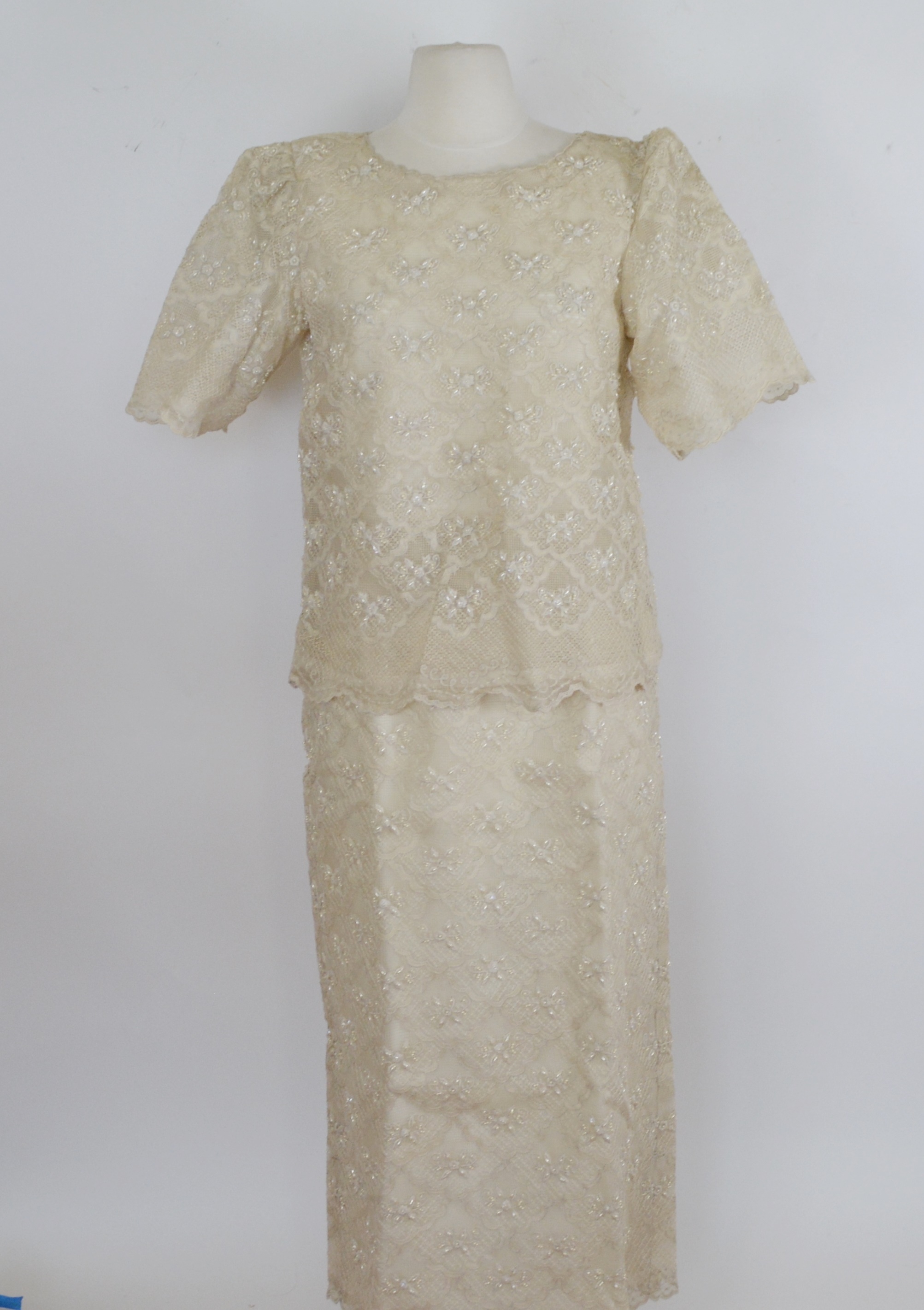 Cream Beaded Sheath (Terno) Evening Dress and Jacket