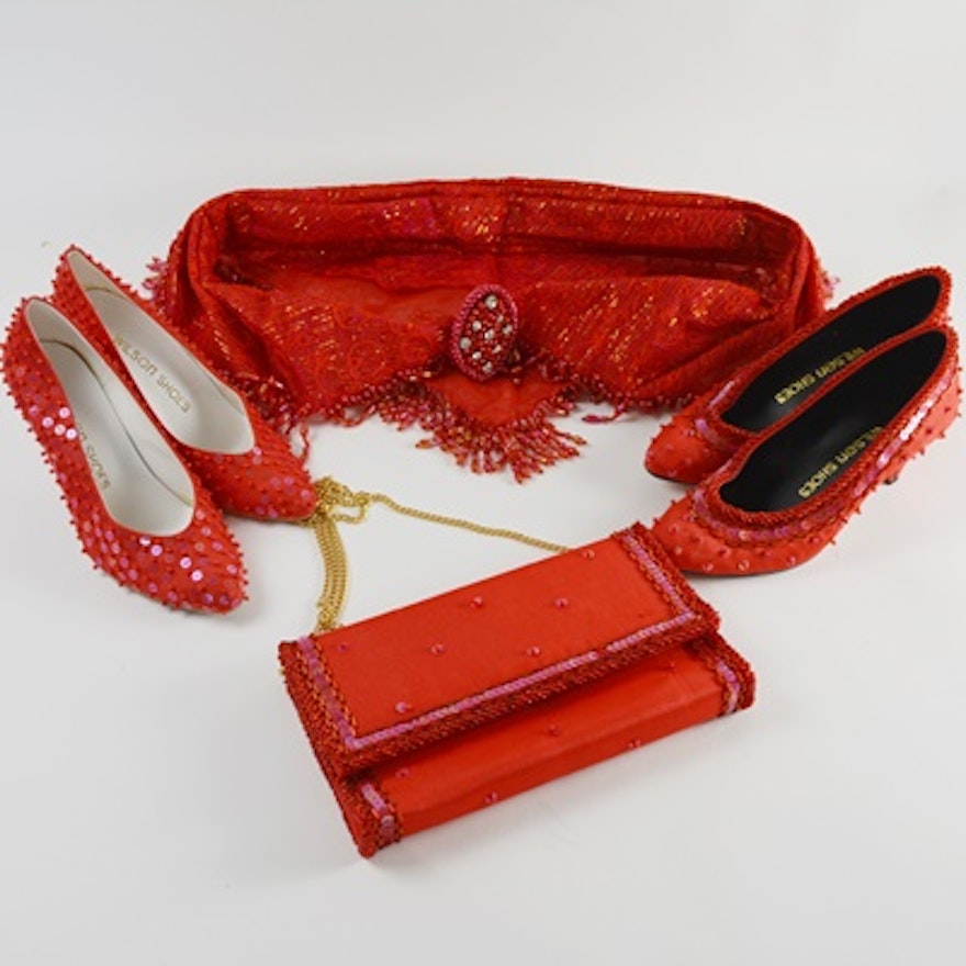 Red Bead and Sequined Pañuelo/Scarf, Shoes and Handbag