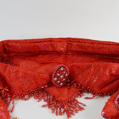 Red Bead and Sequined Pañuelo/Scarf, Shoes and Handbag