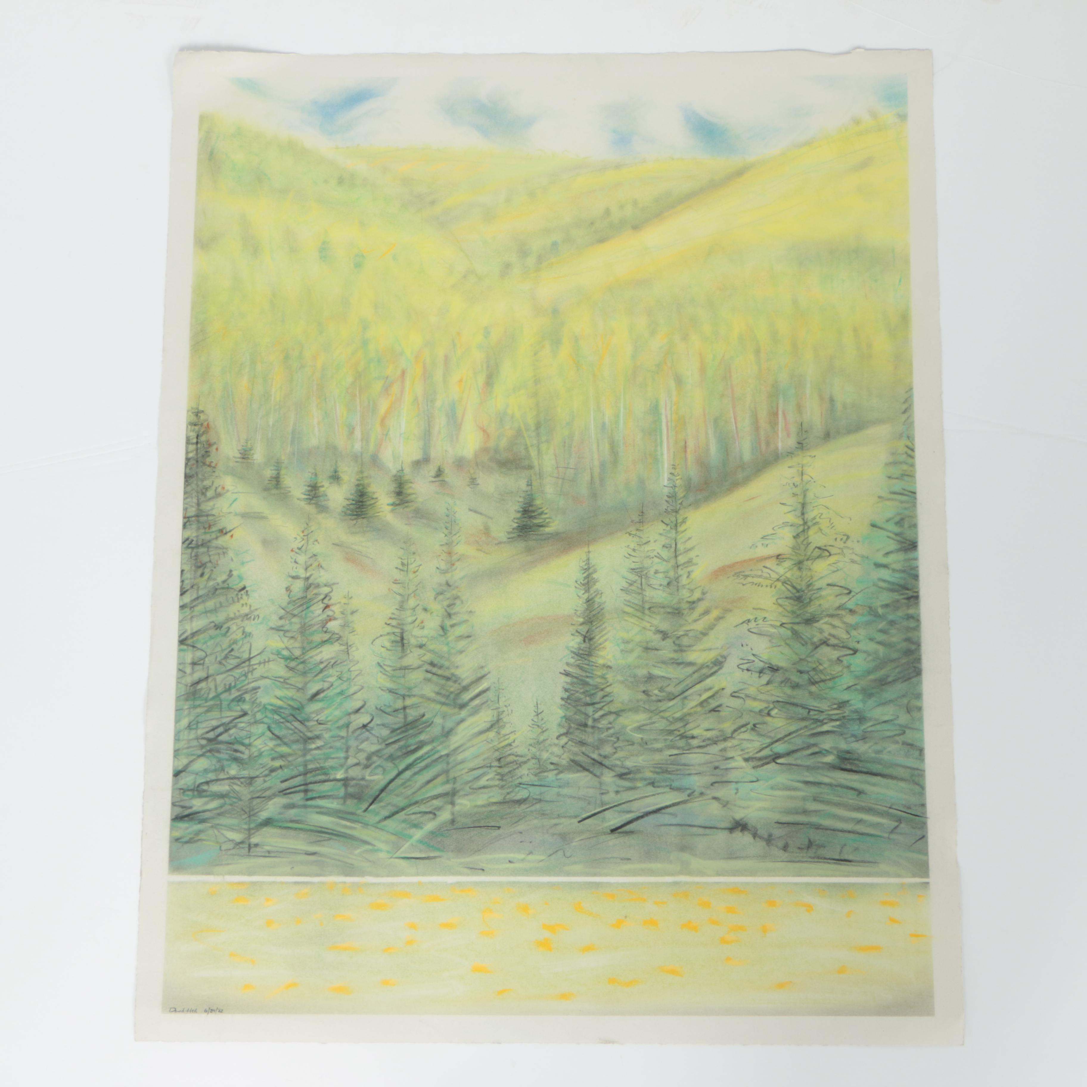 David Heil Original Oil Stick & Pastel Drawing of Spring Mountain Landscape