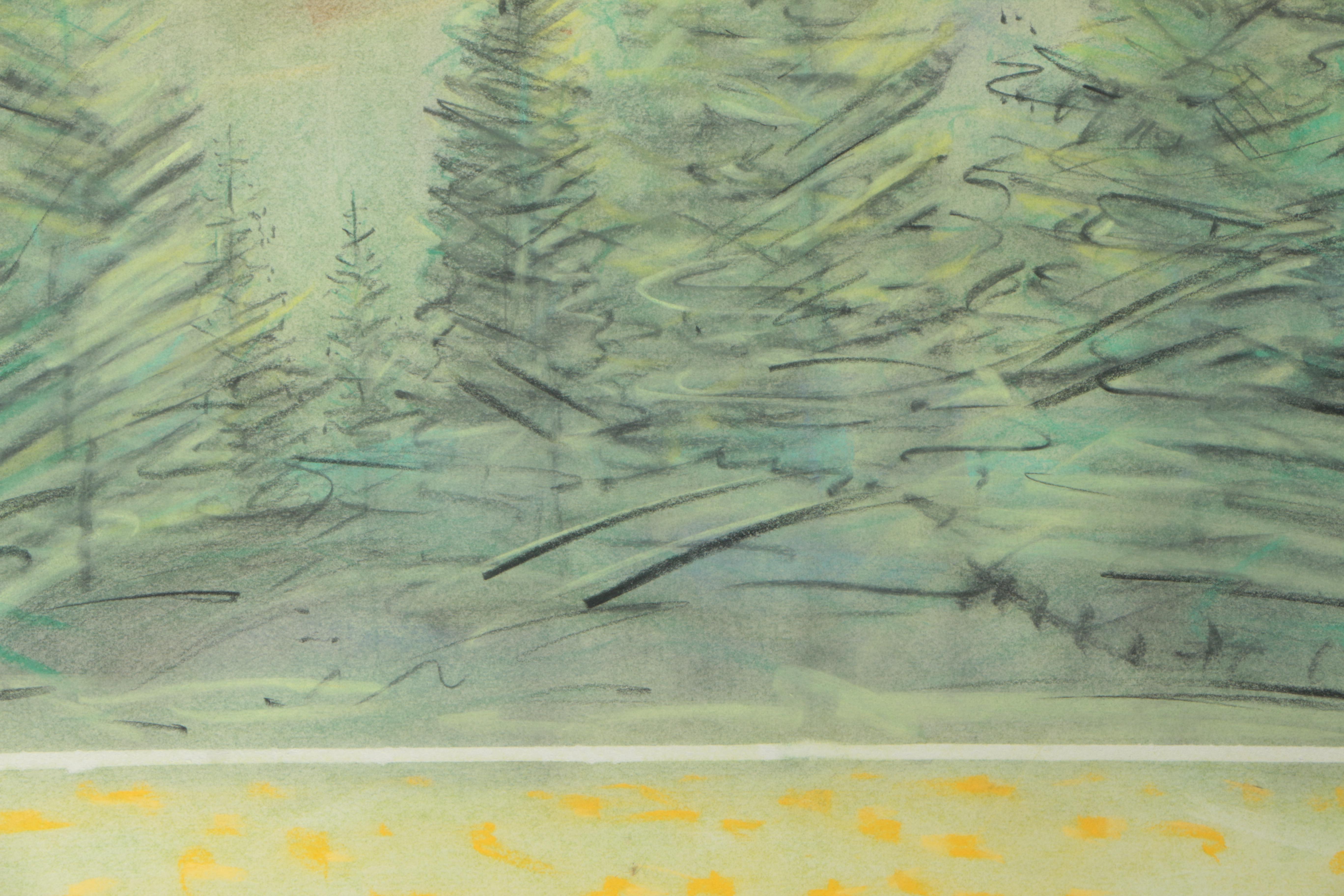 David Heil Original Oil Stick & Pastel Drawing of Spring Mountain Landscape