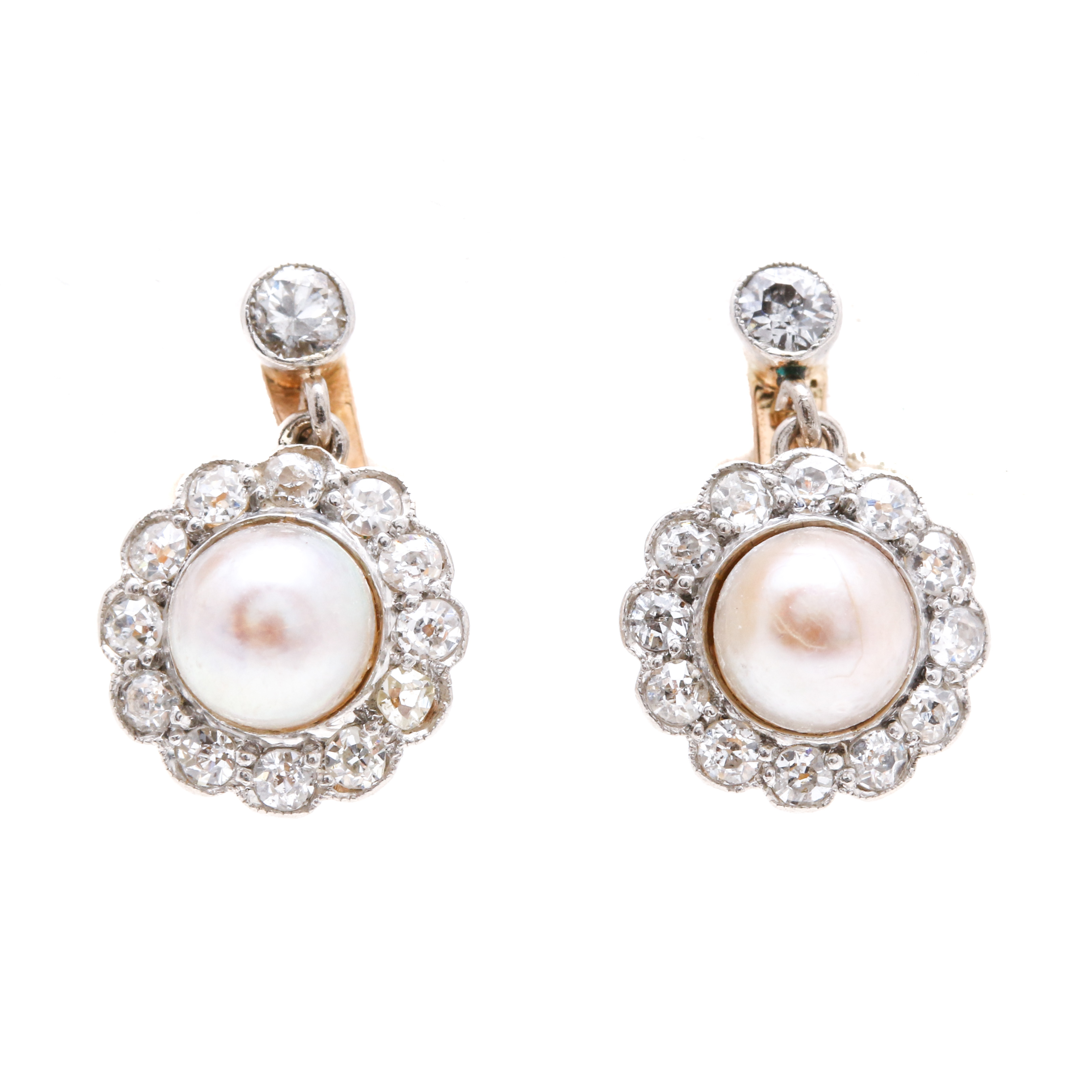 14K Yellow Gold Pearl and Diamond Earrings