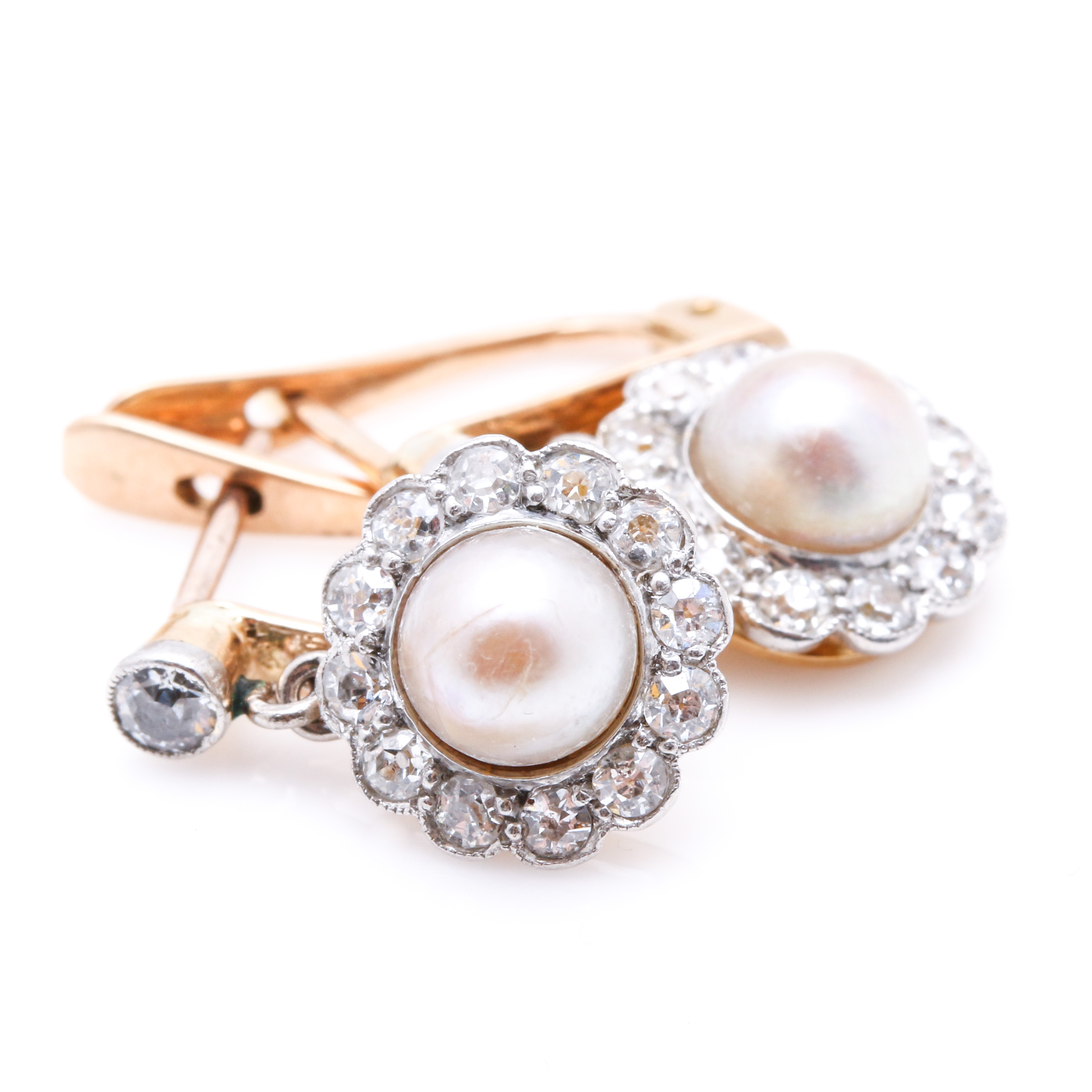 14K Yellow Gold Pearl and Diamond Earrings
