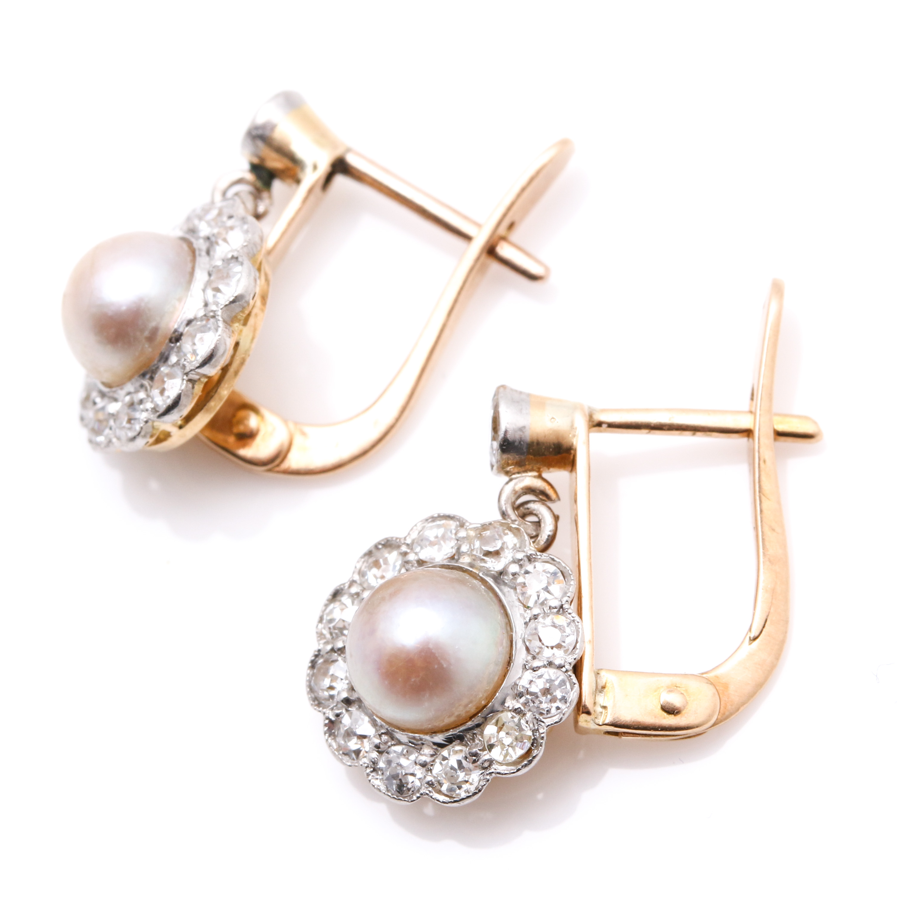 14K Yellow Gold Pearl and Diamond Earrings