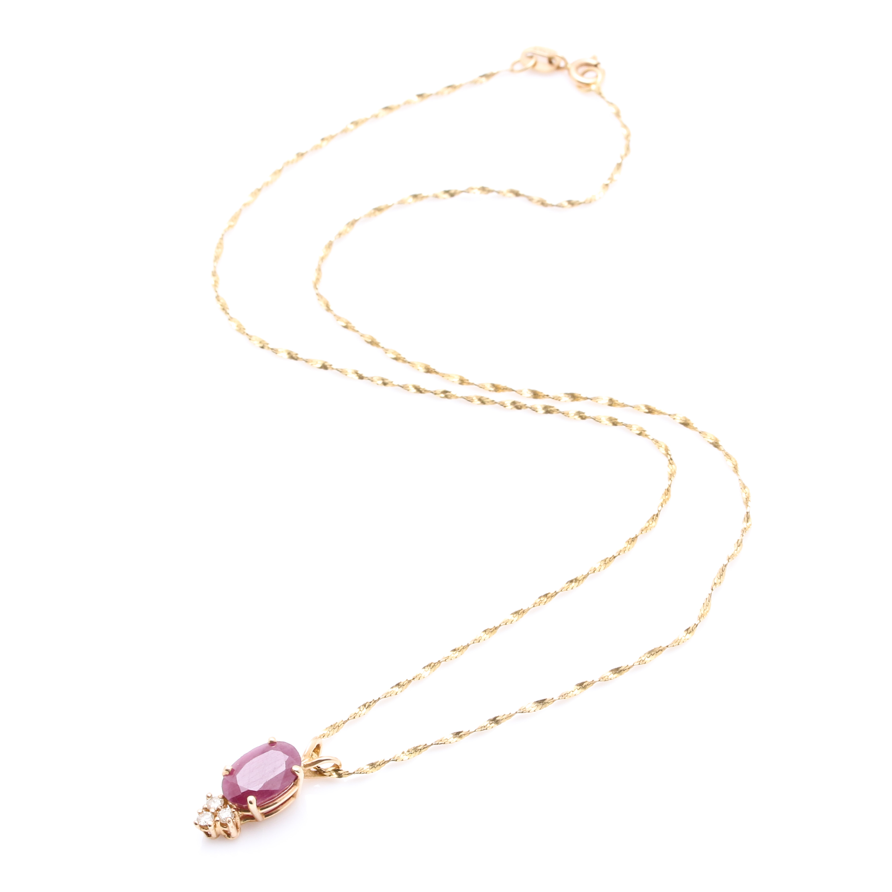 14K Yellow Gold Ruby and Diamond Pendant Necklace