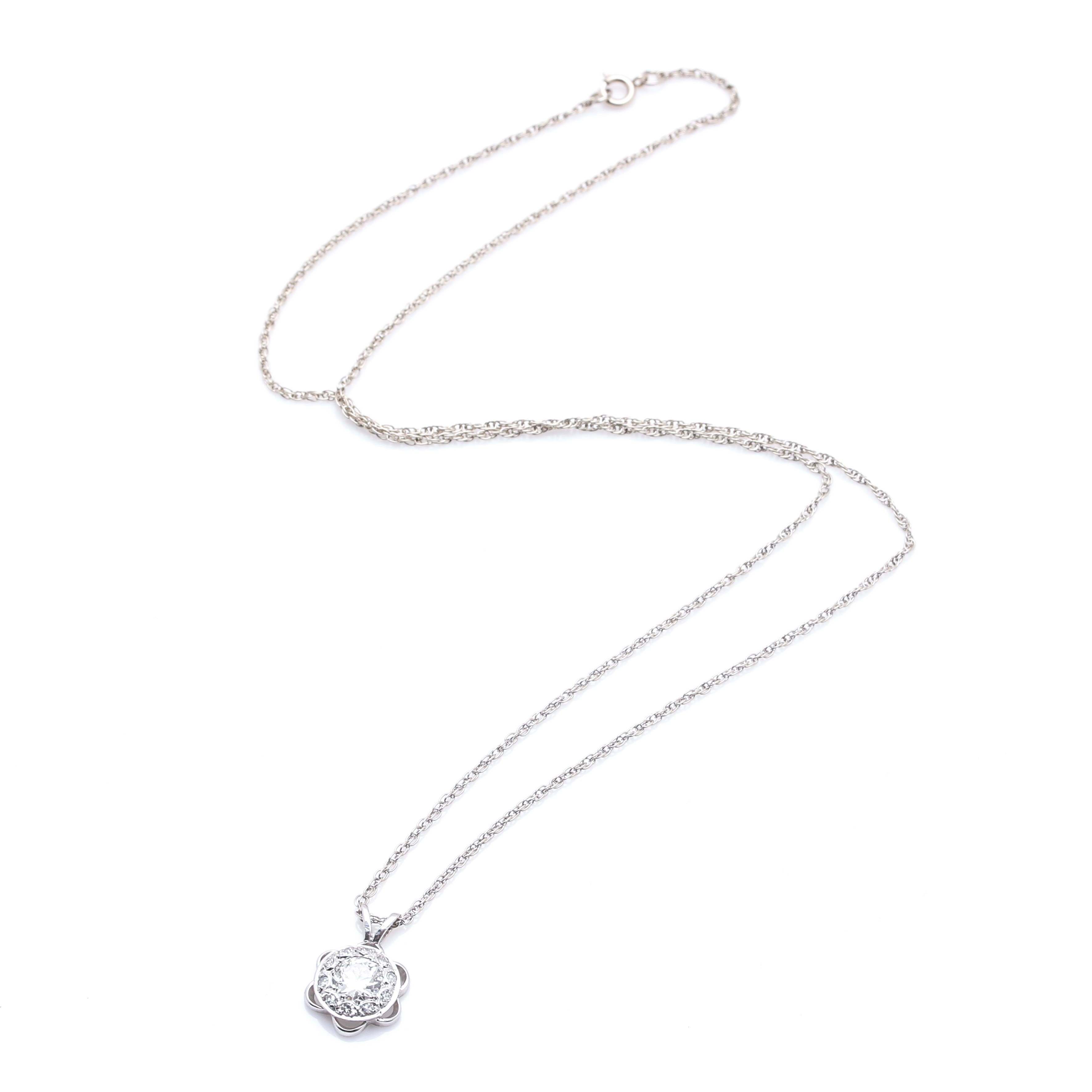 14K White Gold Diamond Pendant Necklace