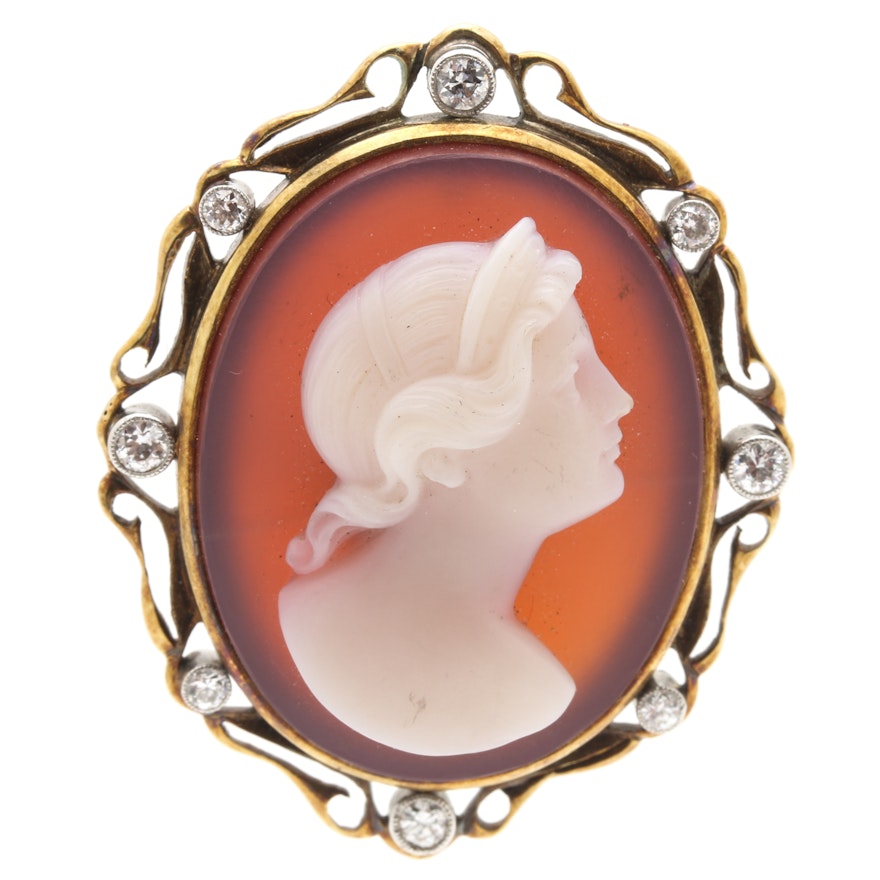 14K Yellow Gold Diamond and Agate Cameo Brooch Pendant