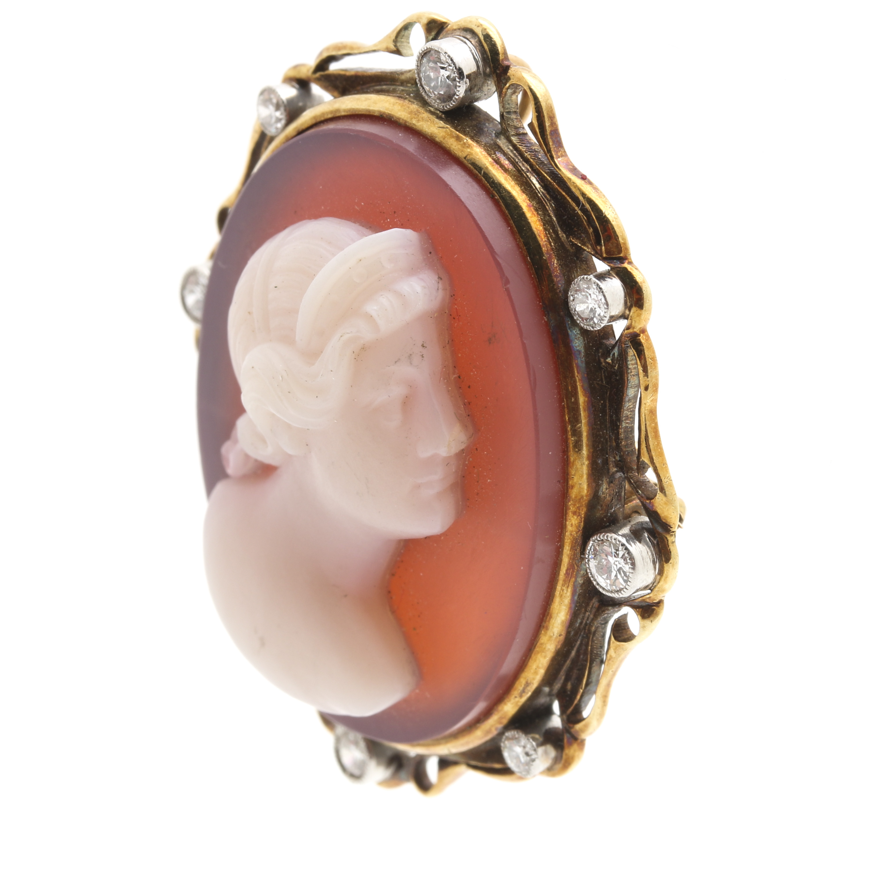 14K Yellow Gold Diamond and Agate Cameo Brooch Pendant