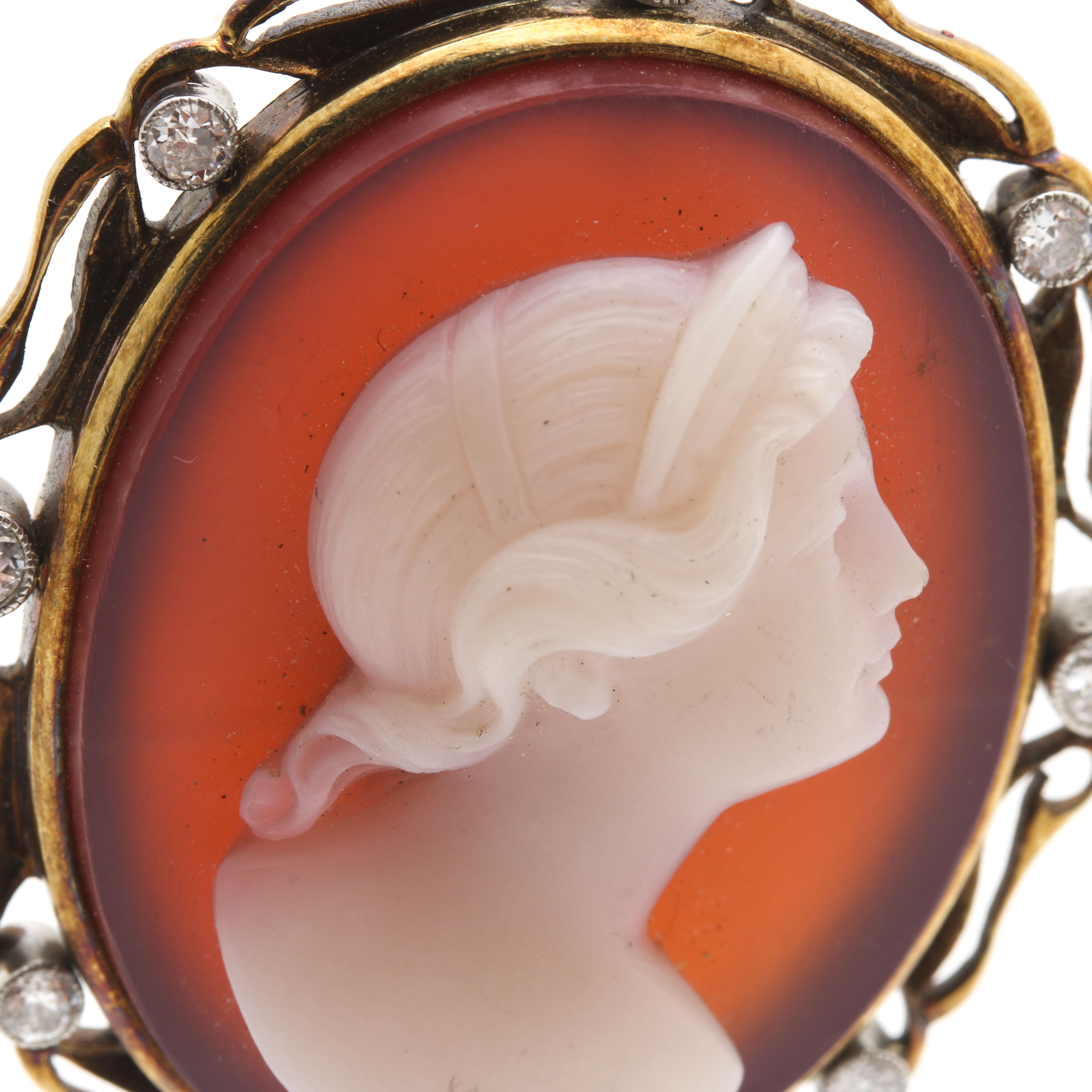 14K Yellow Gold Diamond and Agate Cameo Brooch Pendant