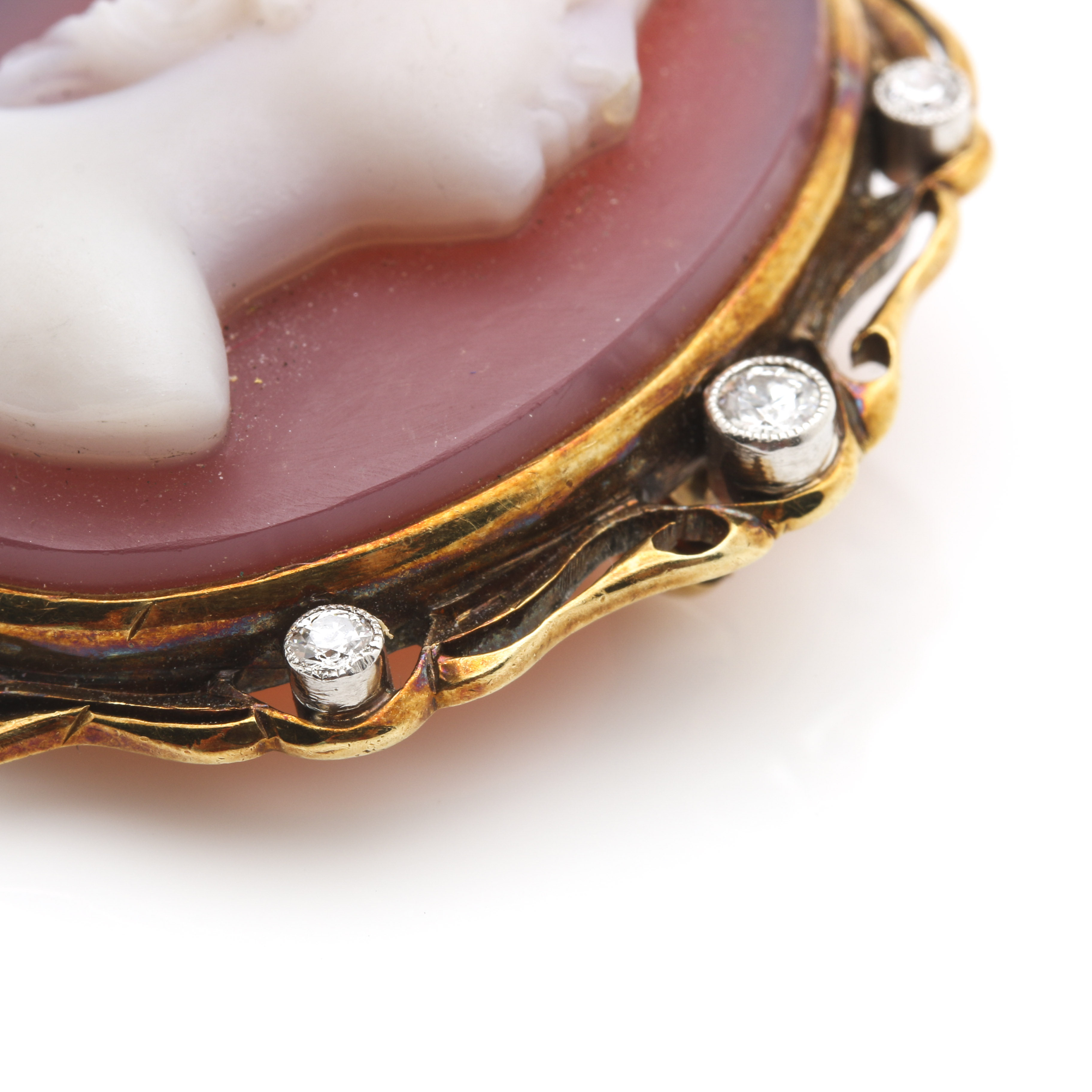 14K Yellow Gold Diamond and Agate Cameo Brooch Pendant