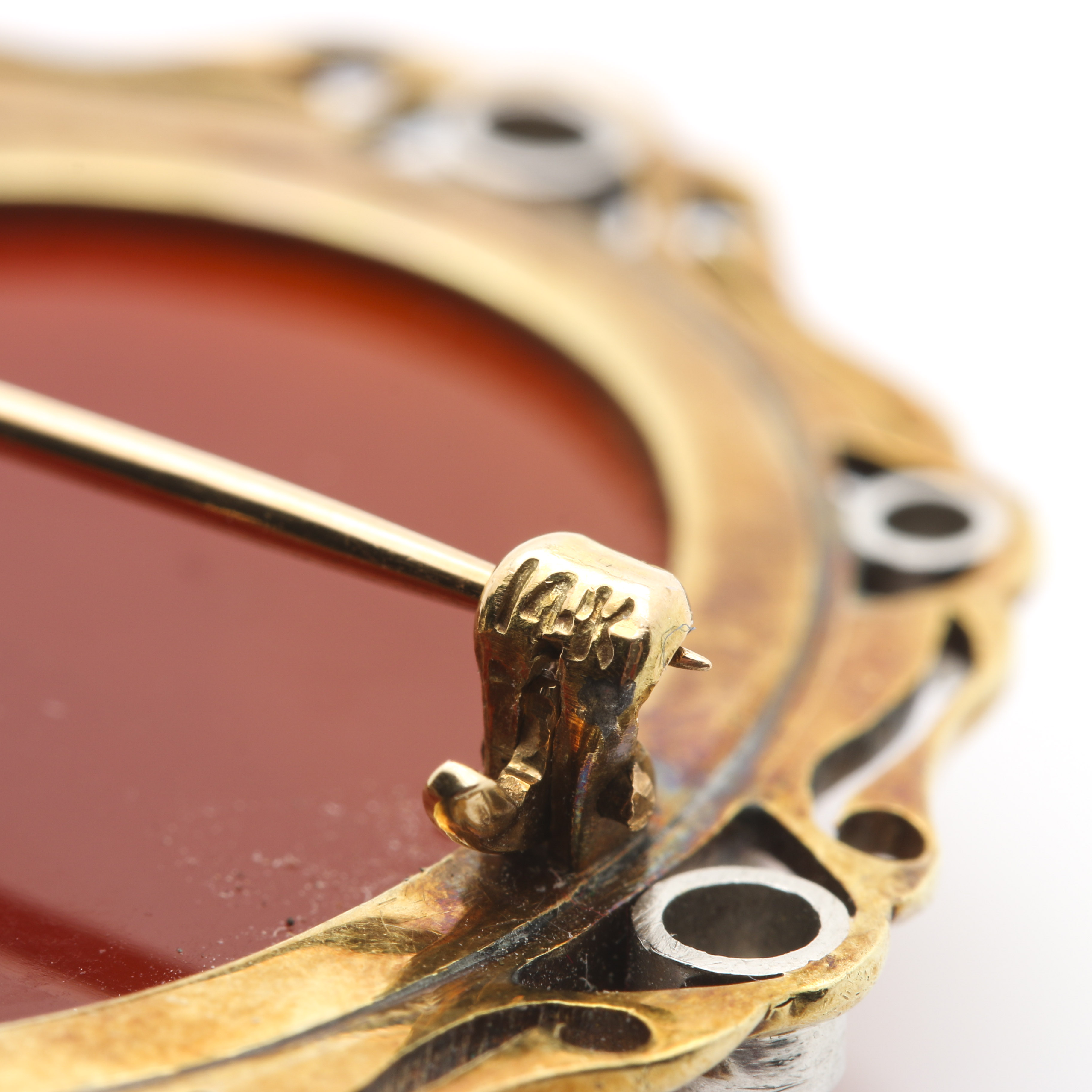 14K Yellow Gold Diamond and Agate Cameo Brooch Pendant