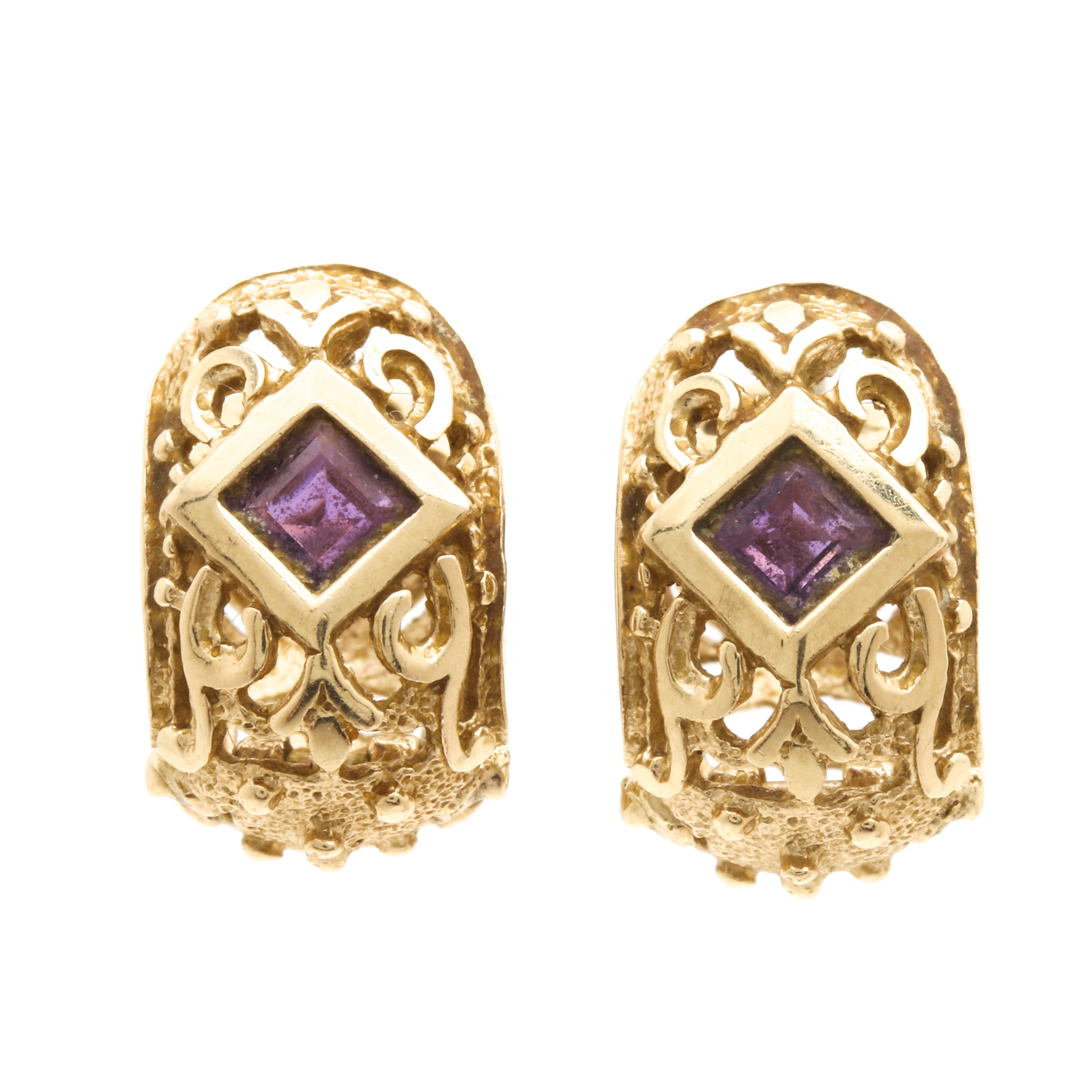 14K Yellow Gold Amethyst Openwork Huggie Earrings