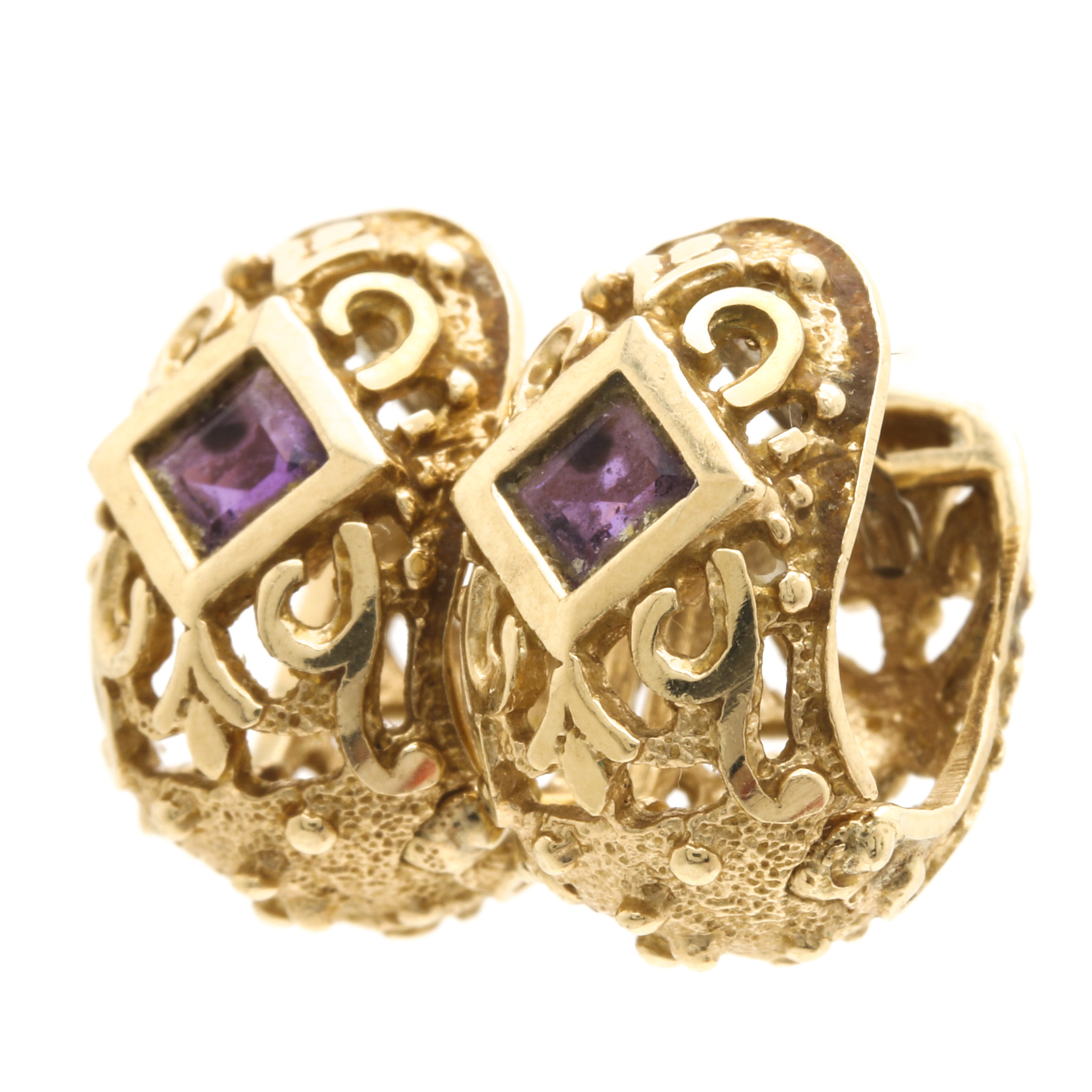 14K Yellow Gold Amethyst Openwork Huggie Earrings