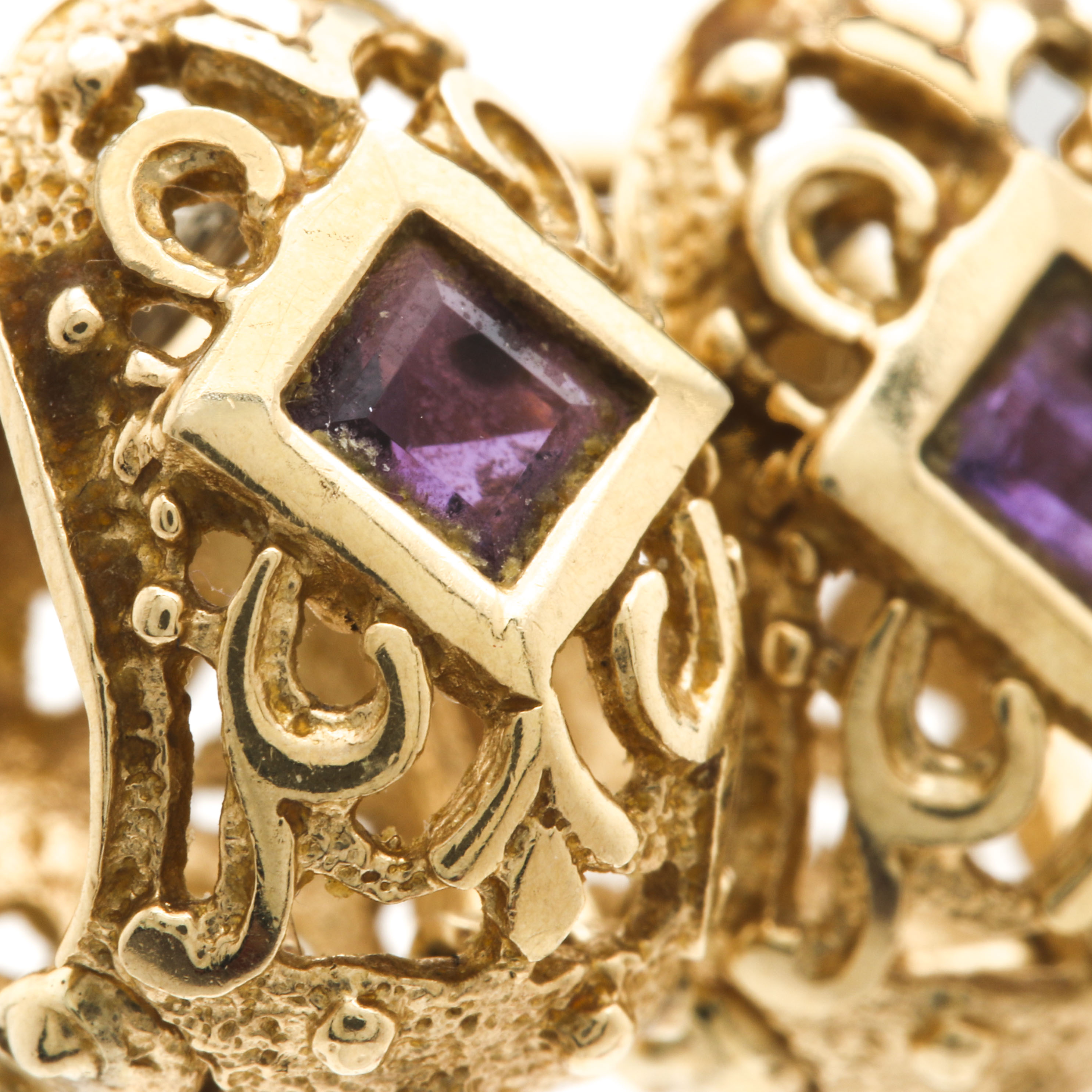 14K Yellow Gold Amethyst Openwork Huggie Earrings