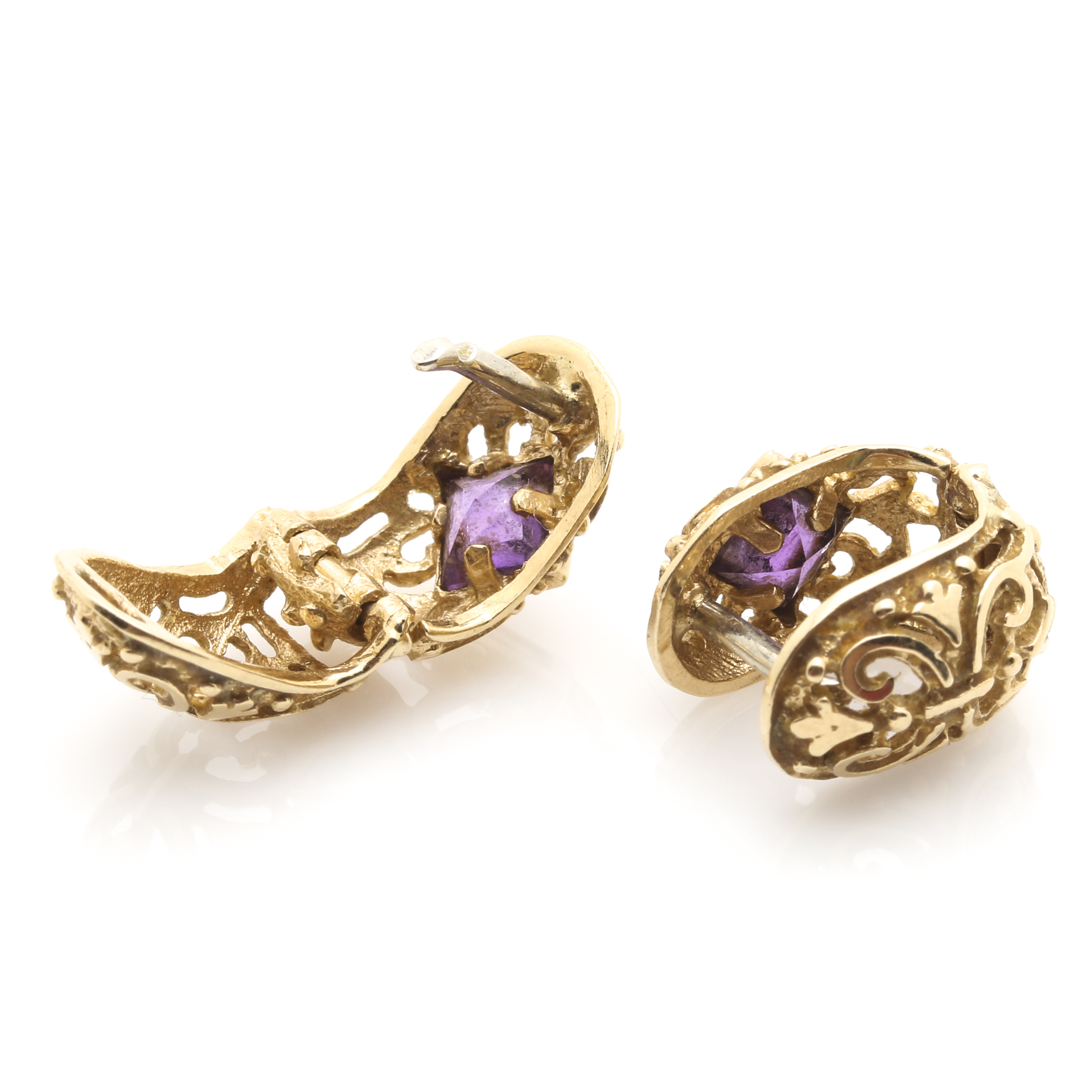 14K Yellow Gold Amethyst Openwork Huggie Earrings