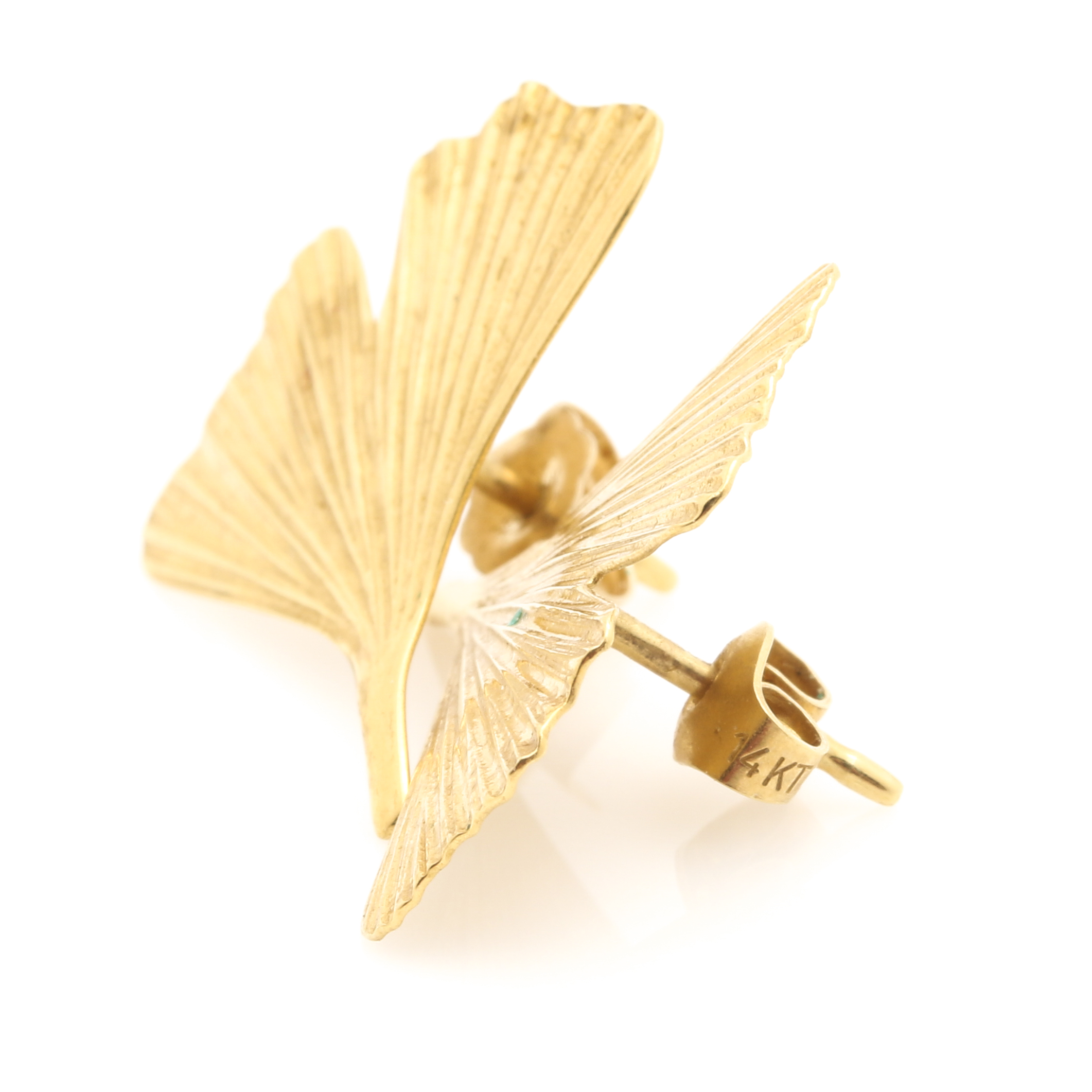 14K Yellow Gold Ginkgo Biloba Leaf Stud Earrings