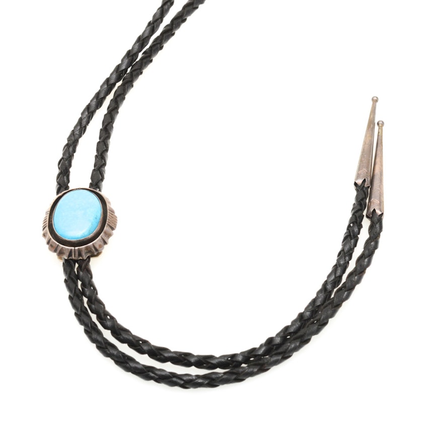 Sterling Silver Turquoise Braided Leather Bolo Tie