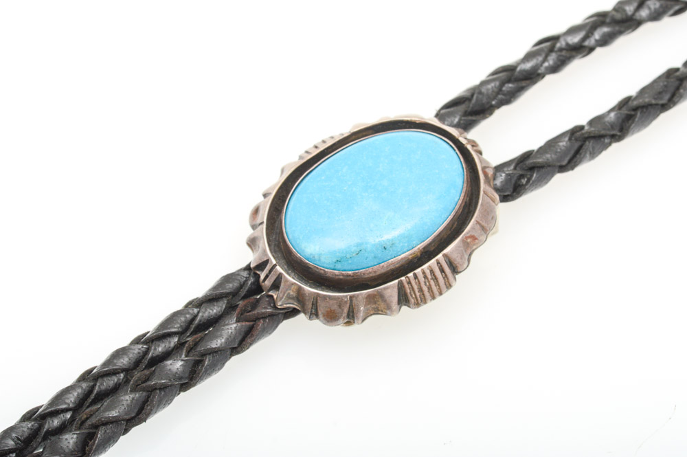 Sterling Silver Turquoise Braided Leather Bolo Tie