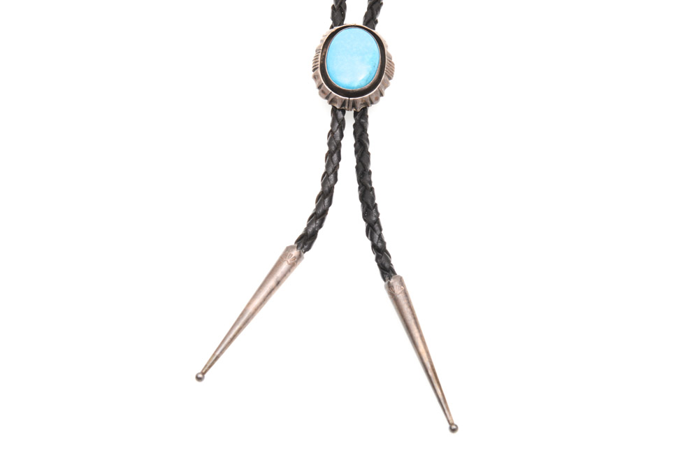 Sterling Silver Turquoise Braided Leather Bolo Tie
